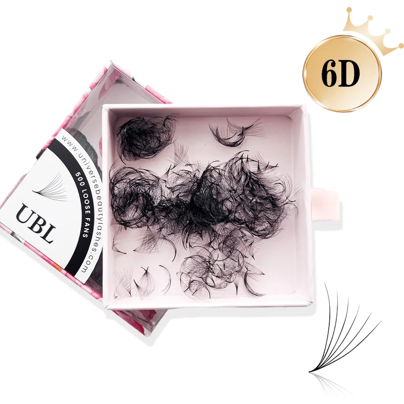Extensions de cils en éventails amples préfabriqués 6D 0.07 mm, 500 éventails