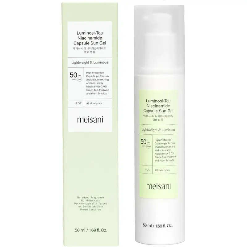 Meisani Luminosi-Tea Gel solaire à la niacinamide en capsule SPF 50, 50 ml
