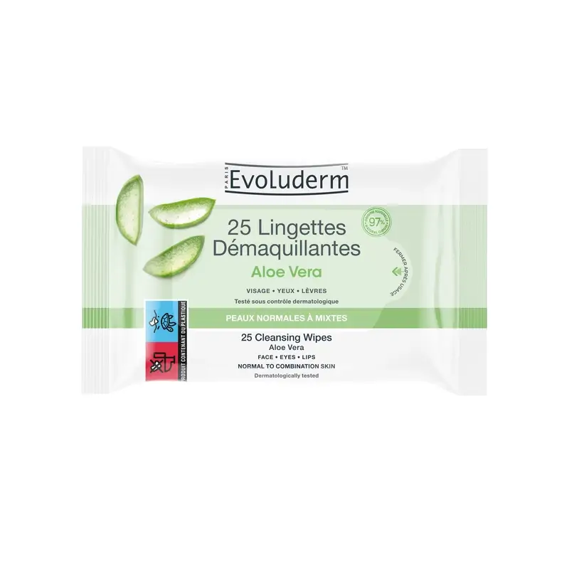 Evoluderm Lingettes nettoyantes pour peau normale - Aloe Vera, 25 pièces