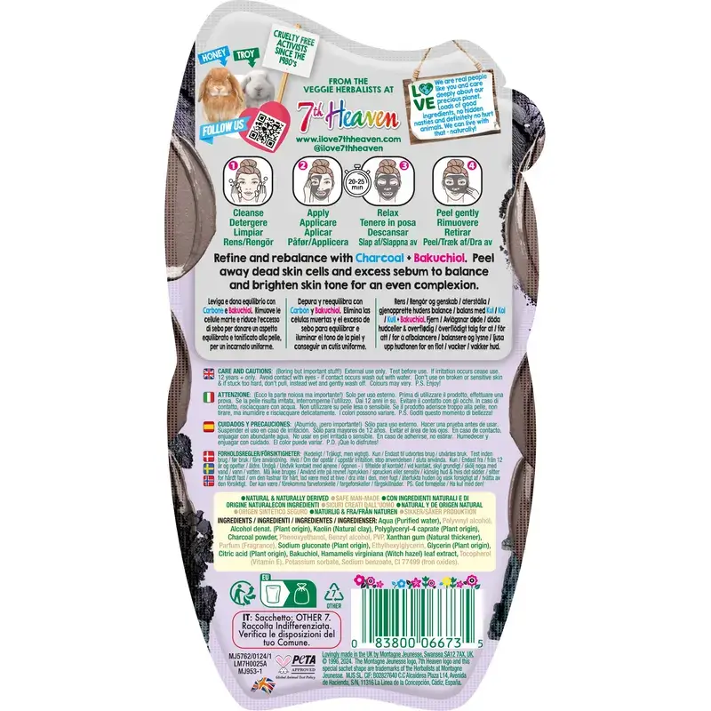 7 Heaven Peel-Off Masque rééquilibrant au charbon et à l'argile noire, 10 ml