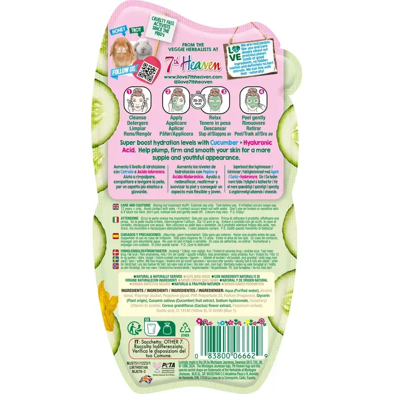 7 Heaven Masque Peel-Off au Concombre avec Acide Hyaluronique Redensifiant et Raffermissant , 10 ml