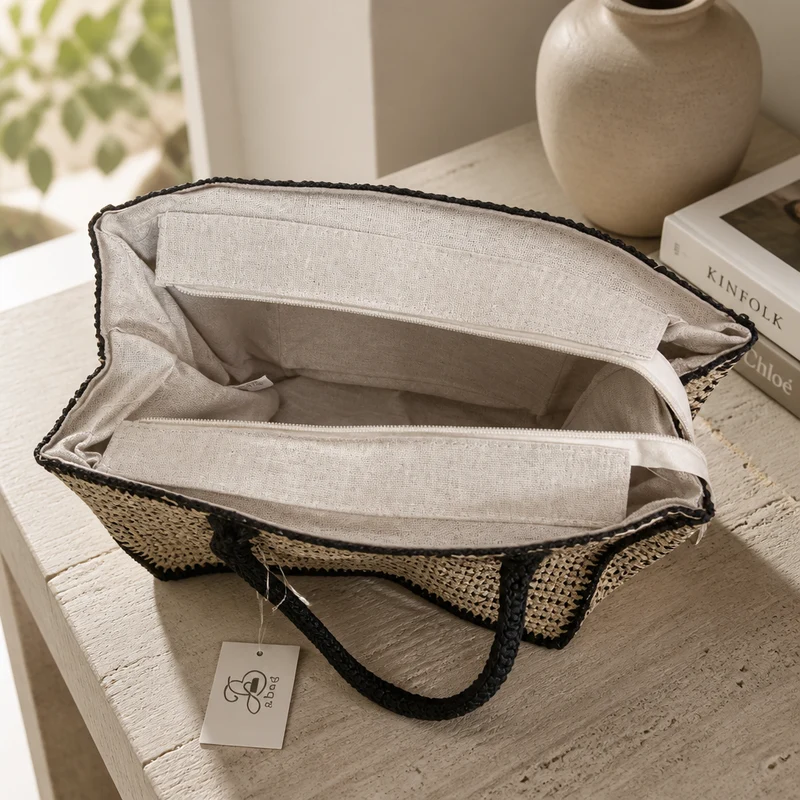 Tote Bag Tressé Beige Bordures Noires
