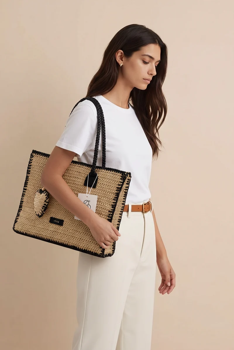 Tote Bag Tressé Beige Bordures Noires