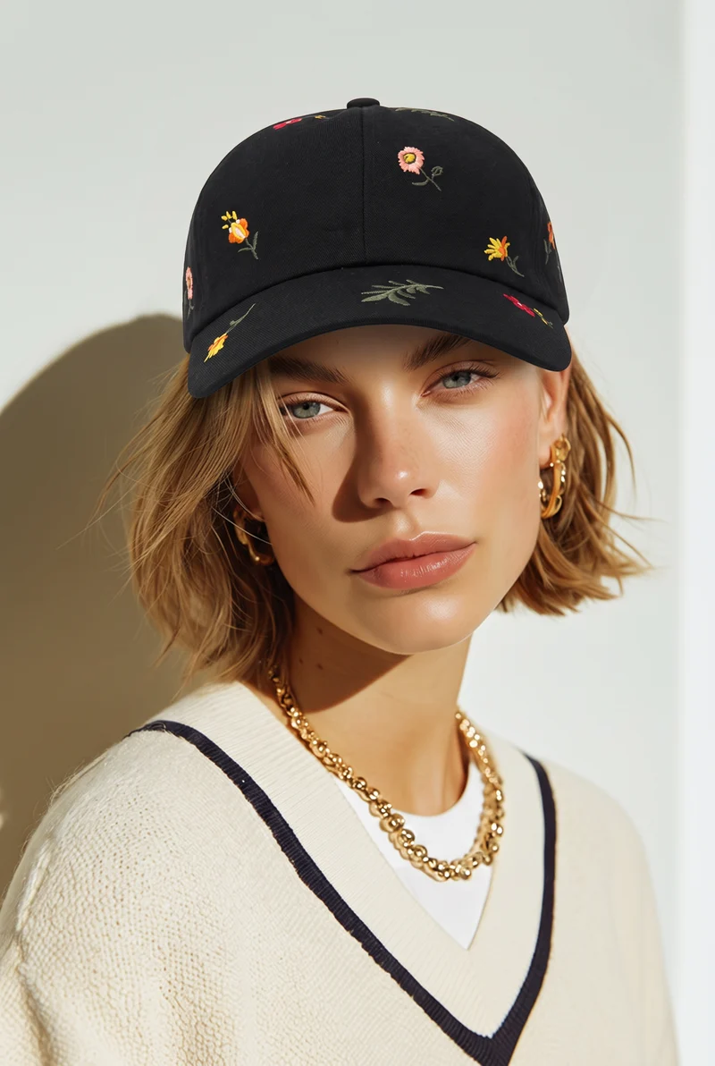 Casquette Noire Broderies Florales