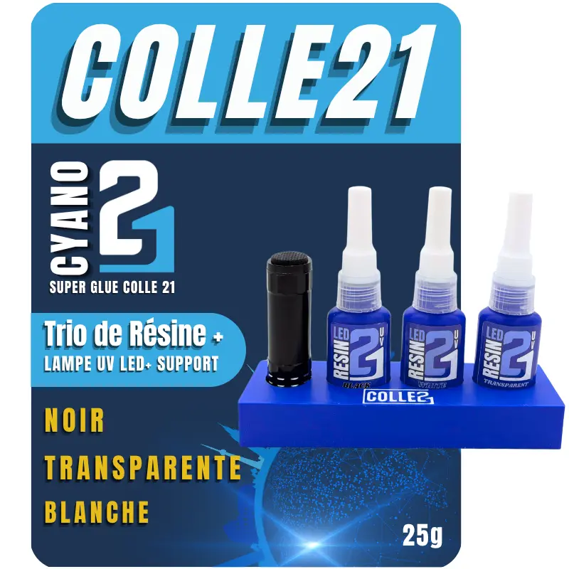 🧪 Kit TRIS Résine UV LED Colle21 avec Support + Lampe – 3 Résines Blanche, Transparente et Noire pour Modélisme, Bricolage et Créations DIY ✨🔆