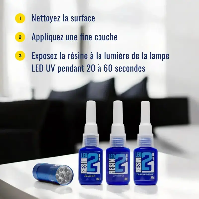 🧪 Kit TRIS Résine UV LED Colle21 avec Support + Lampe – 3 Résines Blanche, Transparente et Noire pour Modélisme, Bricolage et Créations DIY ✨🔆