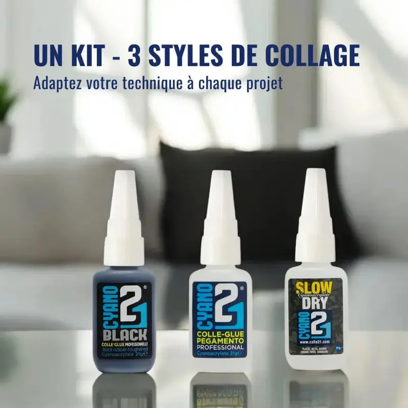 🧪 Kit TRIS Super Glue Cyano Colle21 avec Support & Lime – Lot de 3 Colles Extra-Fortes Multi-Usages pour Modélisme, Bricolage Créatif et Réparations Techniques 🛠️