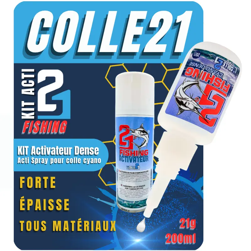 🎣 KIT ACTI FISHING Colle21 – Super Glue Colle21 DENSE FISHING 25g + Activateur Spray FISHING 200ml | Collage Instantané Ultra Résistant pour Montages, Leurres et Réparations en Conditions Extrêmes 💦⚡