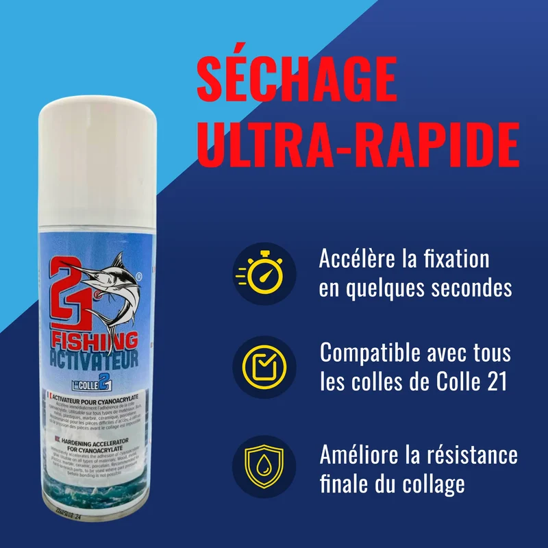 🎣 KIT ACTI FISHING Colle21 – Super Glue Colle21 DENSE FISHING 25g + Activateur Spray FISHING 200ml | Collage Instantané Ultra Résistant pour Montages, Leurres et Réparations en Conditions Extrêmes 💦⚡