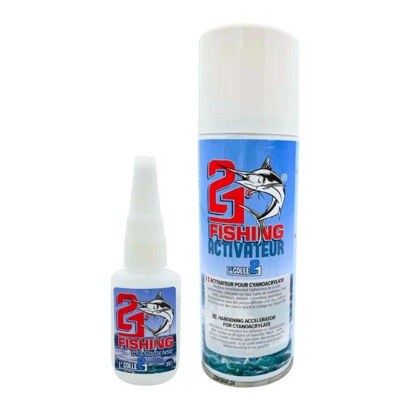 🎣 KIT ACTI FISHING Colle21 – Super Glue Colle21 DENSE FISHING 25g + Activateur Spray FISHING 200ml | Collage Instantané Ultra Résistant pour Montages, Leurres et Réparations en Conditions Extrêmes 💦⚡