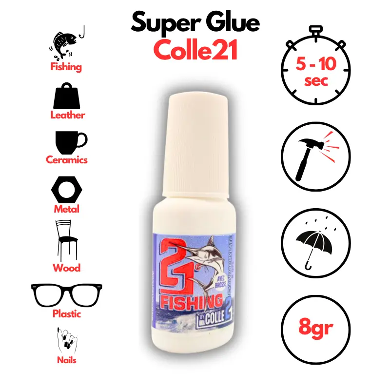 🚀 Colle21 FISHING 8g avec Pinceau | Super Glue Cyanoacrylate Précision – Colle Spéciale Pêche pour Nœuds, Leurres et Montages Détaillés 🎣