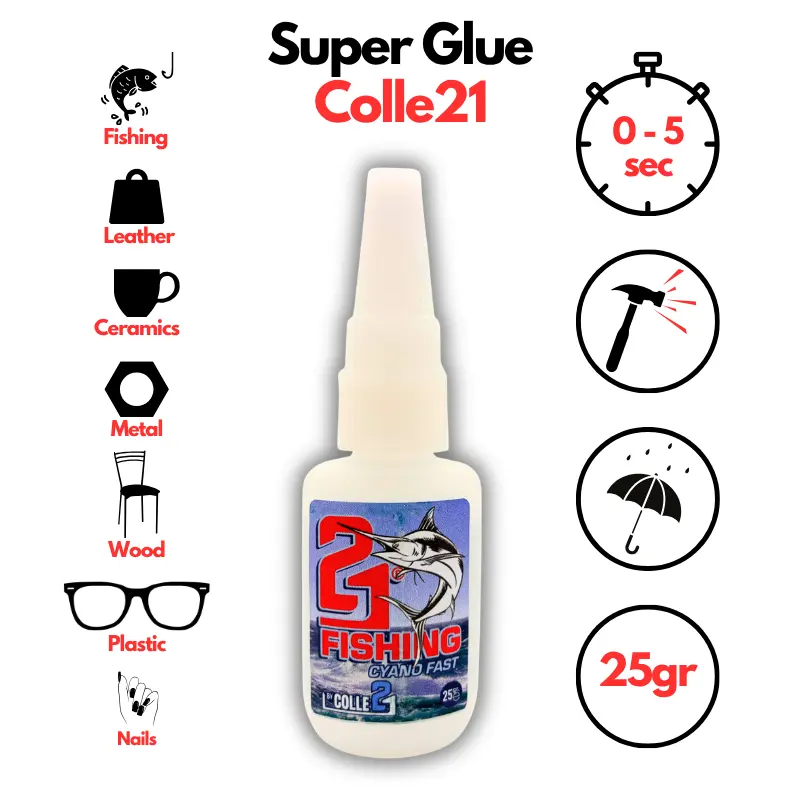 🚀 Colle21 FAST FISHING 25g | Super Glue Ultra-Liquide à Prise Instantanée – Colle Extra-Forte Spéciale Pêche pour Lignes, Leurres, Hameçons et Réparations Rapides 🎣