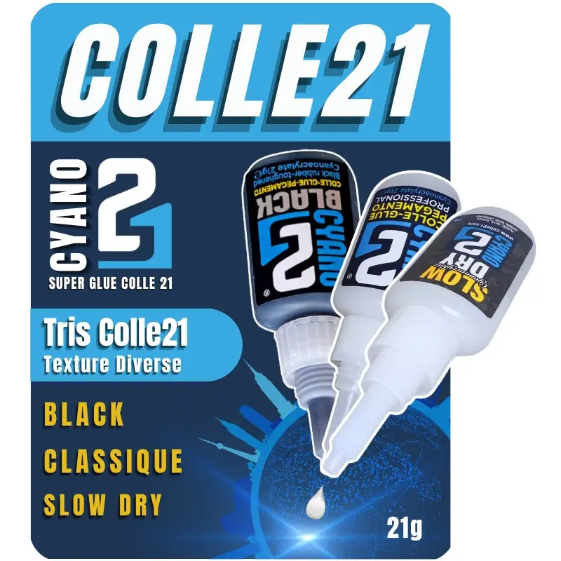 🧪 Kit TRIS Super Glue (1 Colle classique, 1 Black, 1 Slow Dry) Colle21 – 3Colles Extra-Forte Multi-Usages Idéale pour le modélisme, le bricolage créatif et les réparations techniques exigeantes.🛠️