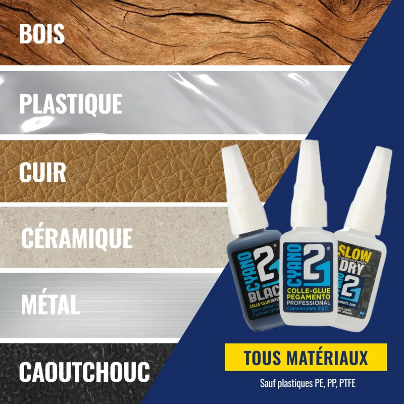🧪 Kit TRIS Super Glue (1 Colle classique, 1 Black, 1 Slow Dry) Colle21 – 3Colles Extra-Forte Multi-Usages Idéale pour le modélisme, le bricolage créatif et les réparations techniques exigeantes.🛠️