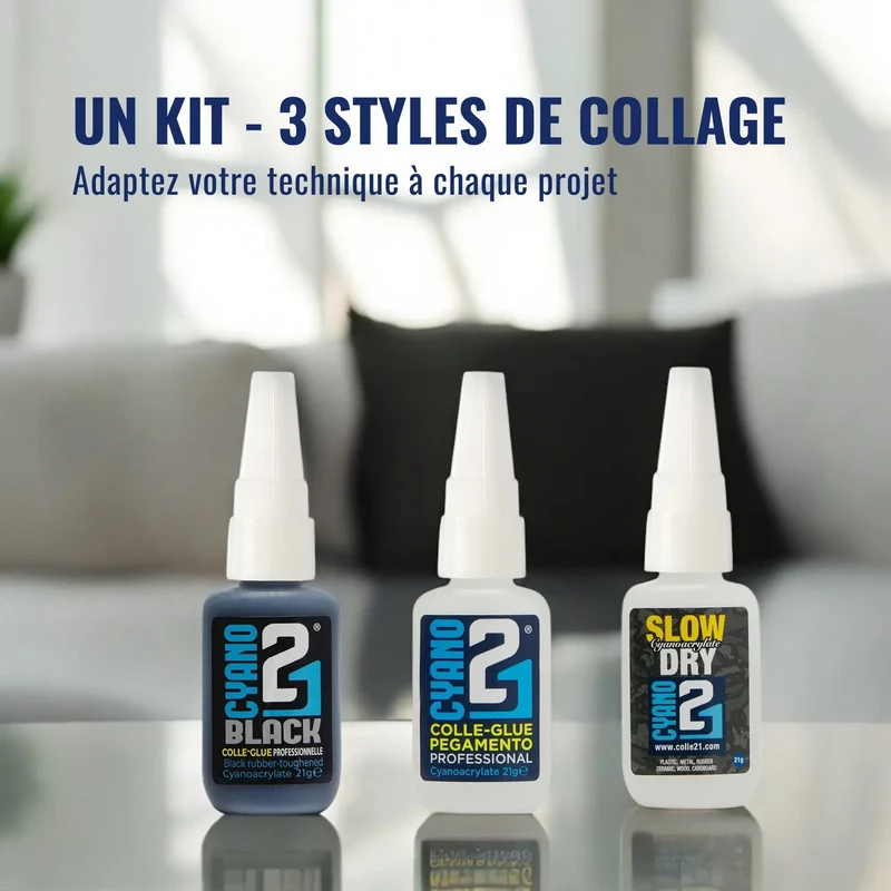 🧪 Kit TRIS Super Glue (1 Colle classique, 1 Black, 1 Slow Dry) Colle21 – 3Colles Extra-Forte Multi-Usages Idéale pour le modélisme, le bricolage créatif et les réparations techniques exigeantes.🛠️