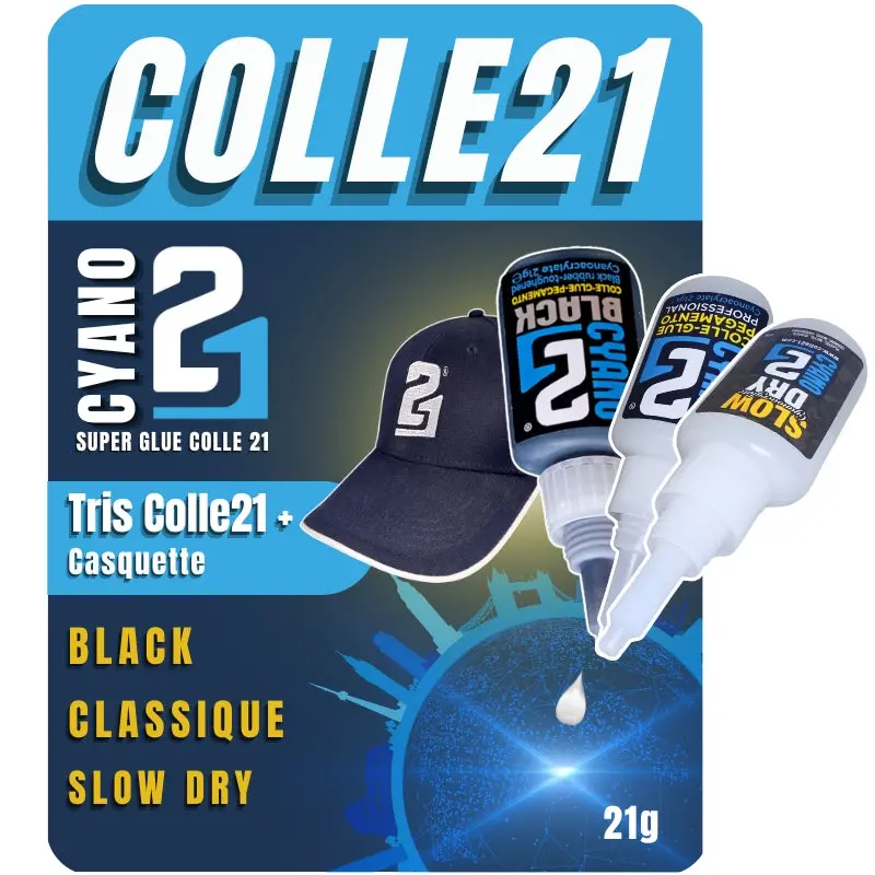 Kit TRIS Super Glue Cyano (Lot de 3) Colle21 + Casquette Colle21 – Colle Extra-Forte Multi-Usages Idéale pour le modélisme, le bricolage créatif et les réparations techniques exigeantes.🛠️