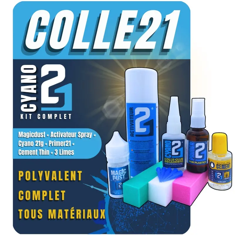 🧪 KIT COMPLET Multi-Usage Super Glue Colle21 – Colle Cyano 21g, MagicDust21, Primer, Cement, Activateur, Limes – Pour Modélisme et Bricolage 🚀