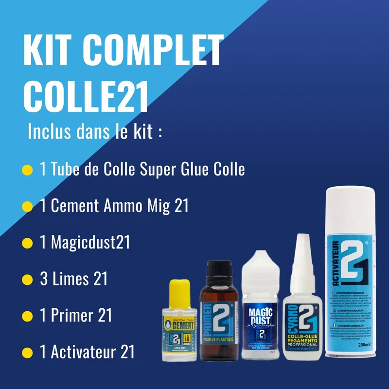🧪 KIT COMPLET Multi-Usage Super Glue Colle21 – Colle Cyano 21g, MagicDust21, Primer, Cement, Activateur, Limes – Pour Modélisme et Bricolage 🚀
