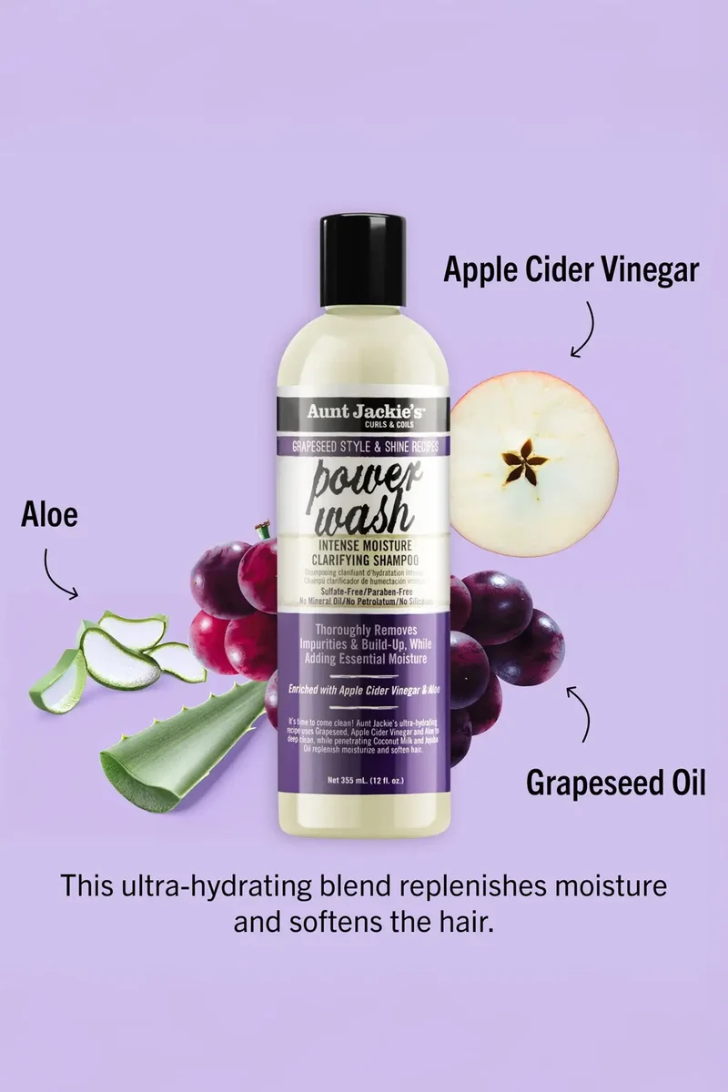 AUNT JACKIE'S GRAPESEED STYLE & SHINE RECIPES POWER WASH INTENSE MOISTURE SHAMPOO 12oz