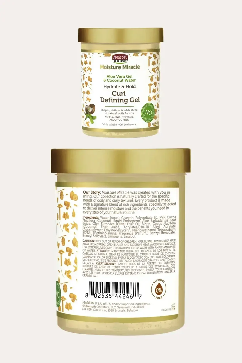 AFRICAN PRIDE MOISTURE MIRACLE ALOE & COCONUT WATER CURL DEFING GEL 18oz - FRIZZ CONTROL GEL