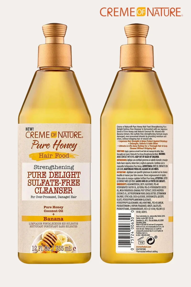CREME OF NATURE HAIR FOOD STRENGTHENING PURE DELIGHT SULFATE FREE CLEANSER BANANA 12oz