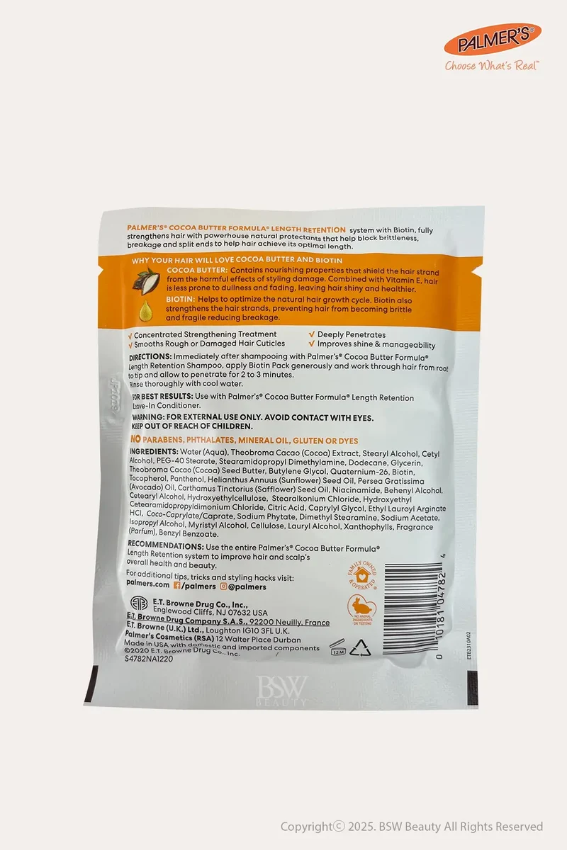 PALMER'S COCOA BUTTER FORMULA LENGTH RETENTION BIOTIN HAIR TREATMENT PACK 2.1oz