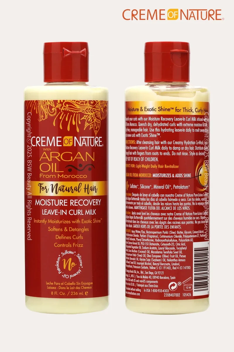 CREME OF NATURE ARGAN OIL FOR NATURAL HAIR MOISTURE RECOVERY LEAVE IN CURL MILK 8oz