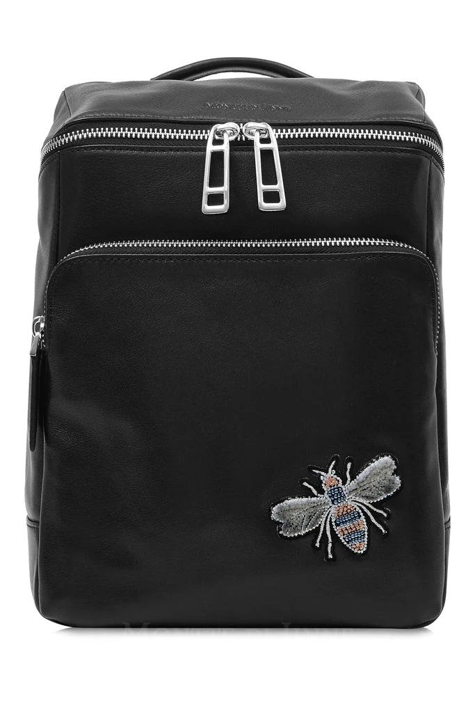 Black Premium Leather Backpack with Embroidered Bee Detail