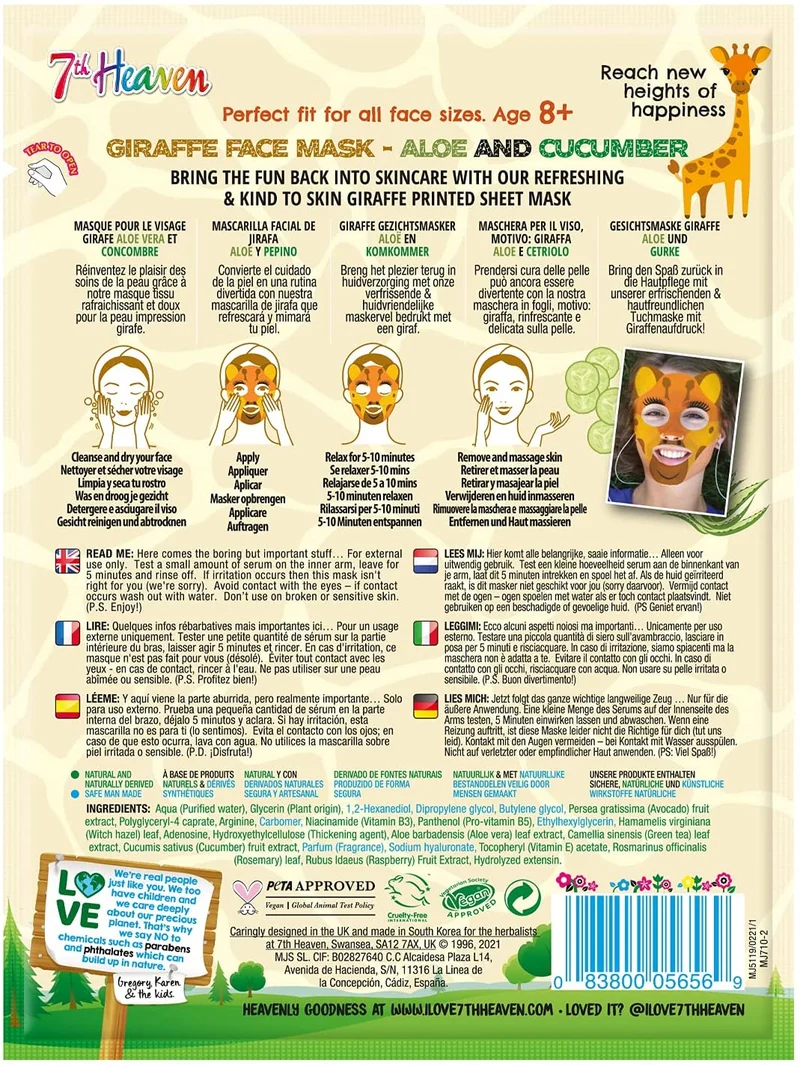 7th Heaven Face Food Born Free Giraffe Sheet Mask enriched with Cucumber and Aloe Vera to Soothe, Hydrate and Refresh your Skin