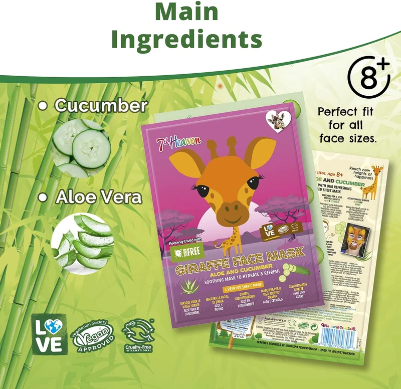 7th Heaven Face Food Born Free Giraffe Sheet Mask enriched with Cucumber and Aloe Vera to Soothe, Hydrate and Refresh your Skin