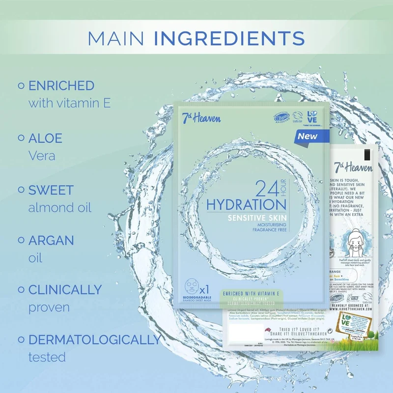7th Heaven 24h Hydration Sensitive Skin Sheet Mask 16g for Sensitive Skin Moisturising Fragrance Free Enriched with Vitamin E Clinically Proven Dermatologically Tested