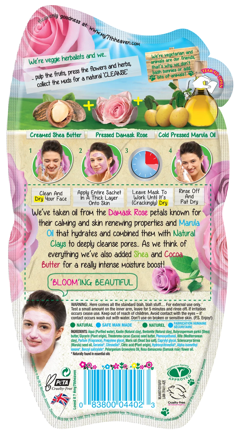 7th Heaven Pink Rose Clay Hard Drying Mud Mask with Damask Rose, Marula Oil and Shea Butter for Cleansing and Hydrating, Ideal for Normal, Combination and Dry Skin