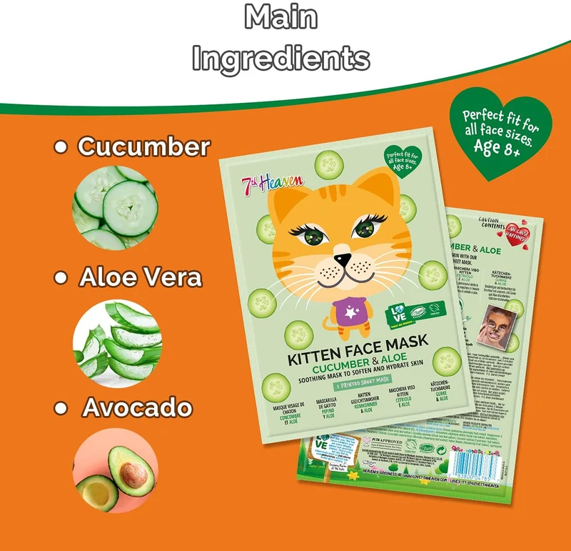 7th Heaven Face Food Kitten Sheet Face Mask Cucumber And Aloe Soothing Mask To Soften And Hydrate Skin