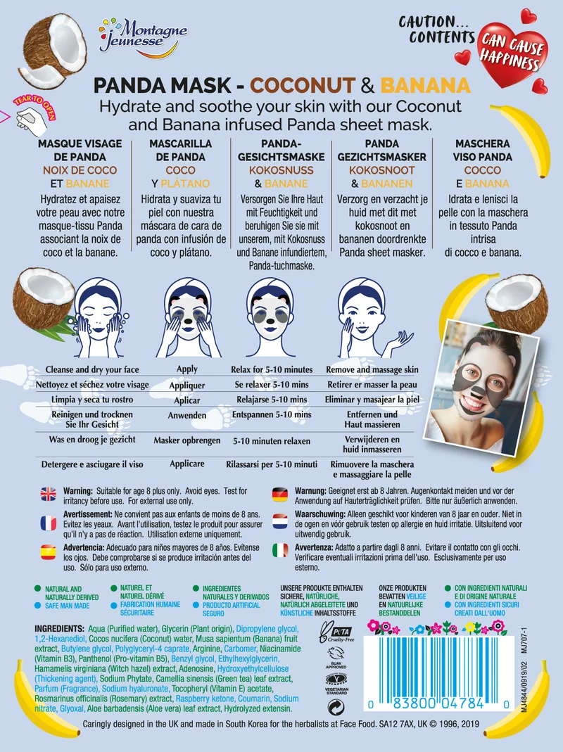 7th Heaven Face Food Panda Face Sheet Mask Coconut and Banana Hydrating Mask To Moisturise Skin