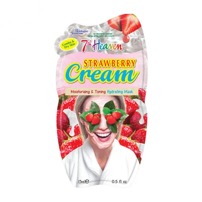 7th Heaven Strawberry Cream Hydrating Mask with Pulped Strawberries and Juiced Aloe Vera to Moisturise and Tone Skin, Ideal for Dry and Combination Skin, 15ml
