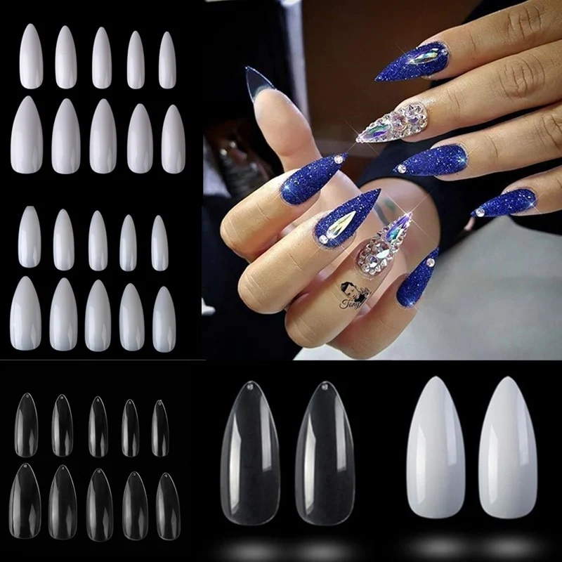 100PCS/PACK Professional False Nails Long Stiletto Nails White Clear Full Cover Acrylic Fingernails UV Gel Fake Nail Art Tips