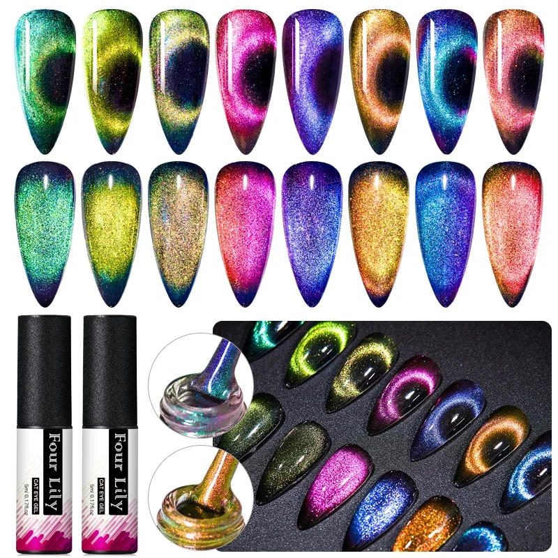 FOUR LILY Cat Eye Nail Gel Chameleon Magnetic Soak Off UV/LED Nail Varnish Semi Permanent Manicure Gel Lacquer Black Base Needed