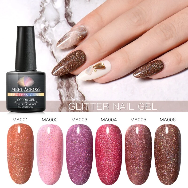 MEET ACROSS 8ml Glitter Nail Gel Holographic Gel Polish Dazzling Shining Gel Varnish UV LED Soak Off Nail Art Manicure