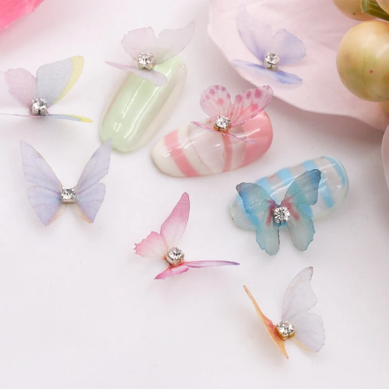 10pcs 3D big chiffon butterfly metal base with glitter rhinestone vivid butterfly design nail art decorations nail accessories