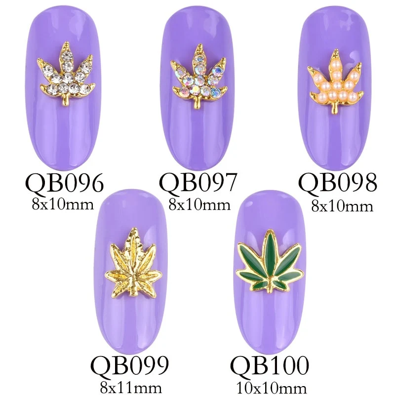 10pcs new leaf charm nail accessories, 3D golden leaves shiny nails rhinestones pearl effect tips DIY nail jewelry QB096-0100