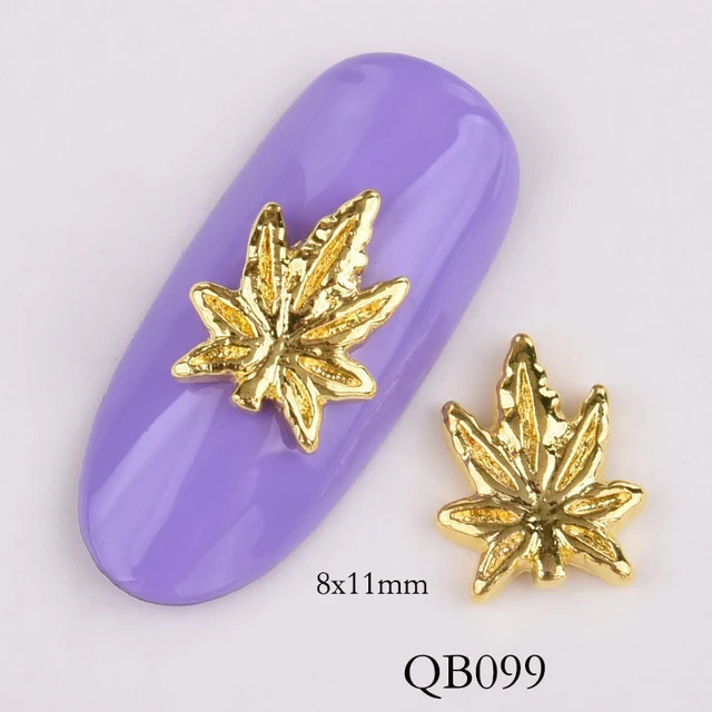 10pcs new leaf charm nail accessories, 3D golden leaves shiny nails rhinestones pearl effect tips DIY nail jewelry QB096-0100