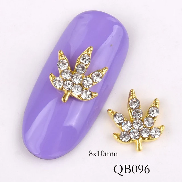 10pcs new leaf charm nail accessories, 3D golden leaves shiny nails rhinestones pearl effect tips DIY nail jewelry QB096-0100