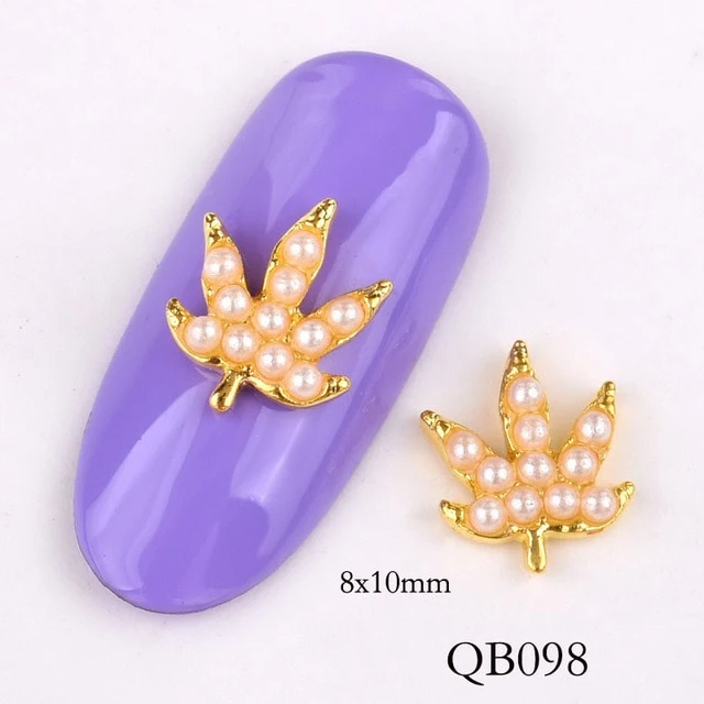 10pcs new leaf charm nail accessories, 3D golden leaves shiny nails rhinestones pearl effect tips DIY nail jewelry QB096-0100