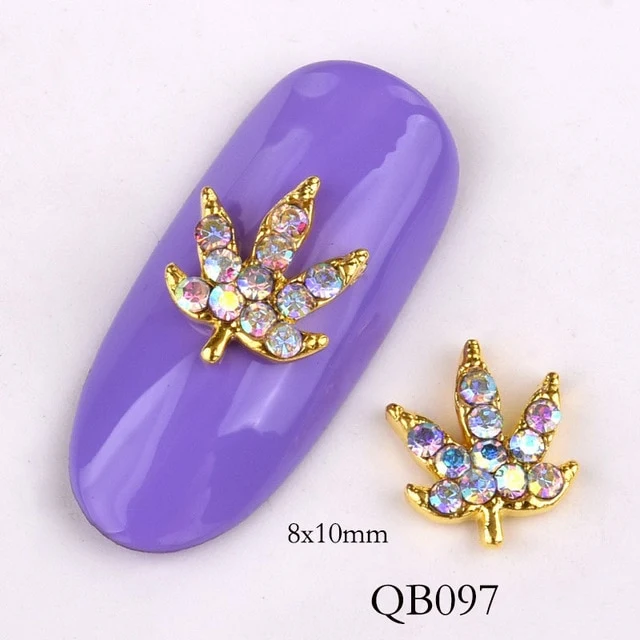 10pcs new leaf charm nail accessories, 3D golden leaves shiny nails rhinestones pearl effect tips DIY nail jewelry QB096-0100