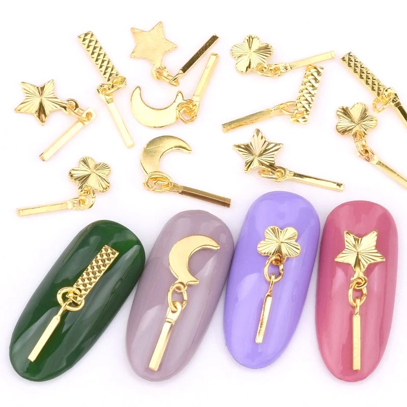 10pcs 3D charm gold nail decoration moon five-pointed star bow ornaments nail accessories QB246-250