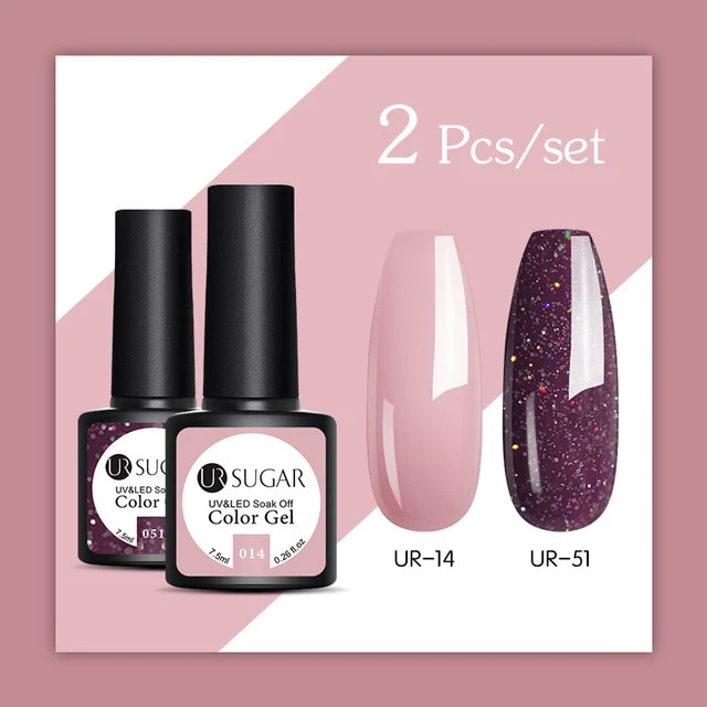 UR SUGAR 2Pcs/set Glitter Gel Nail Polish Set Pink Hybrid Color Semi Permanent Led Gel Lacquer Soak Off UV Gel Varnish Nail Art