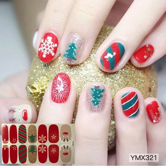 14tips/sheet Shiny Nail Wraps Polish Decals Strips Golden Glitter 3D Adhesive Full Nail Art Stickers Manicure Kits Drop Shipping