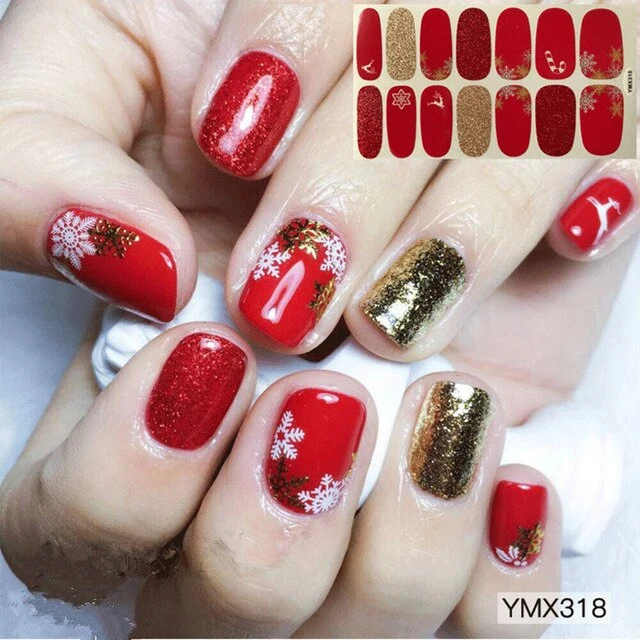 14tips/sheet Shiny Nail Wraps Polish Decals Strips Golden Glitter 3D Adhesive Full Nail Art Stickers Manicure Kits Drop Shipping
