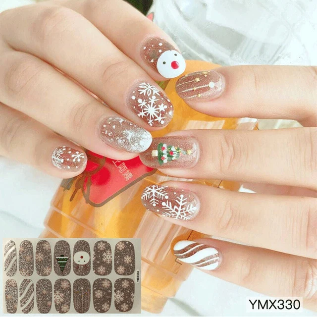 14tips/sheet Shiny Nail Wraps Polish Decals Strips Golden Glitter 3D Adhesive Full Nail Art Stickers Manicure Kits Drop Shipping