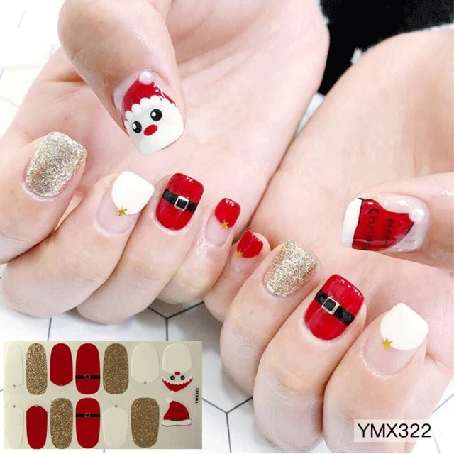 14tips/sheet Shiny Nail Wraps Polish Decals Strips Golden Glitter 3D Adhesive Full Nail Art Stickers Manicure Kits Drop Shipping